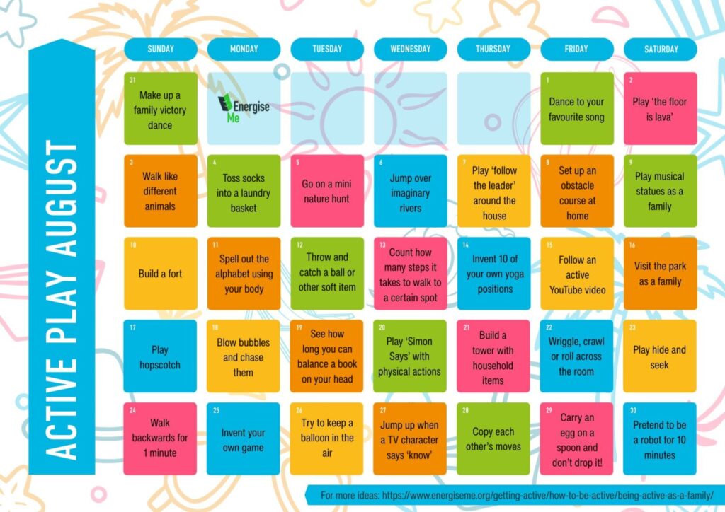 Calendar sheet of August with summer graphics in the background. In each coloured block is an activity.