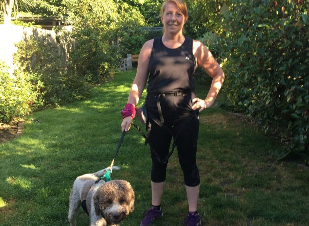 Nancy exercising with her dog to help with her anxiety 