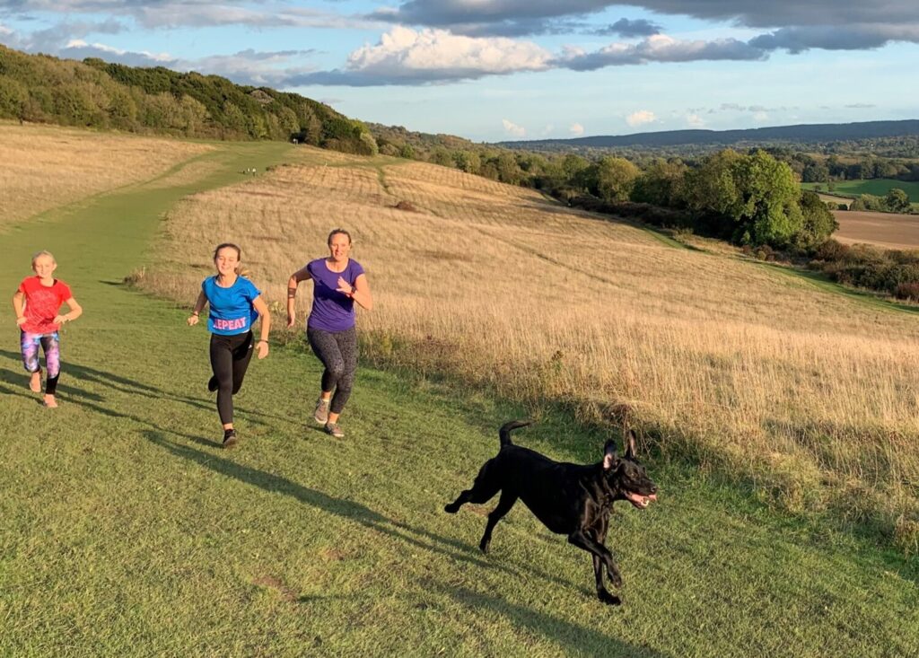 Ruth running with her daughters, having a positive relationship with exercise