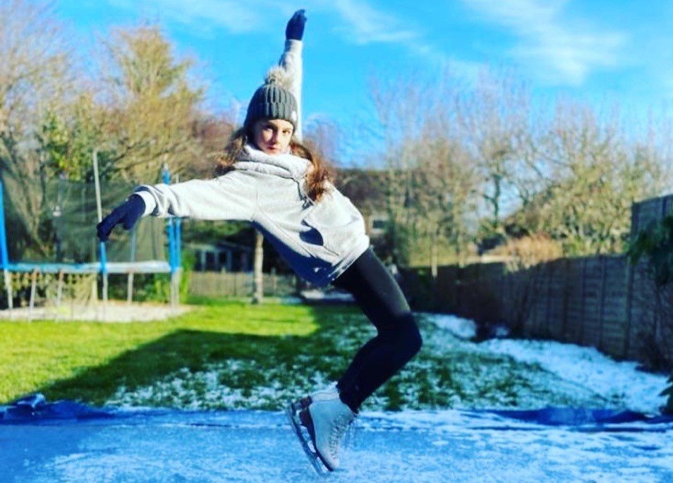 Ava figure skating on a homemade ice rink in her garden during lockdown