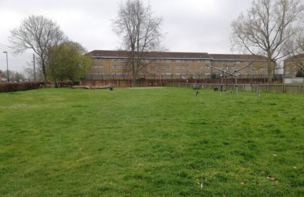 An image of a green field with trees and a building in the background. Its winter as the trees have no leaves.