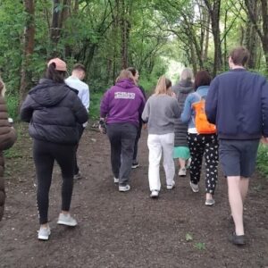 A group of people walking.