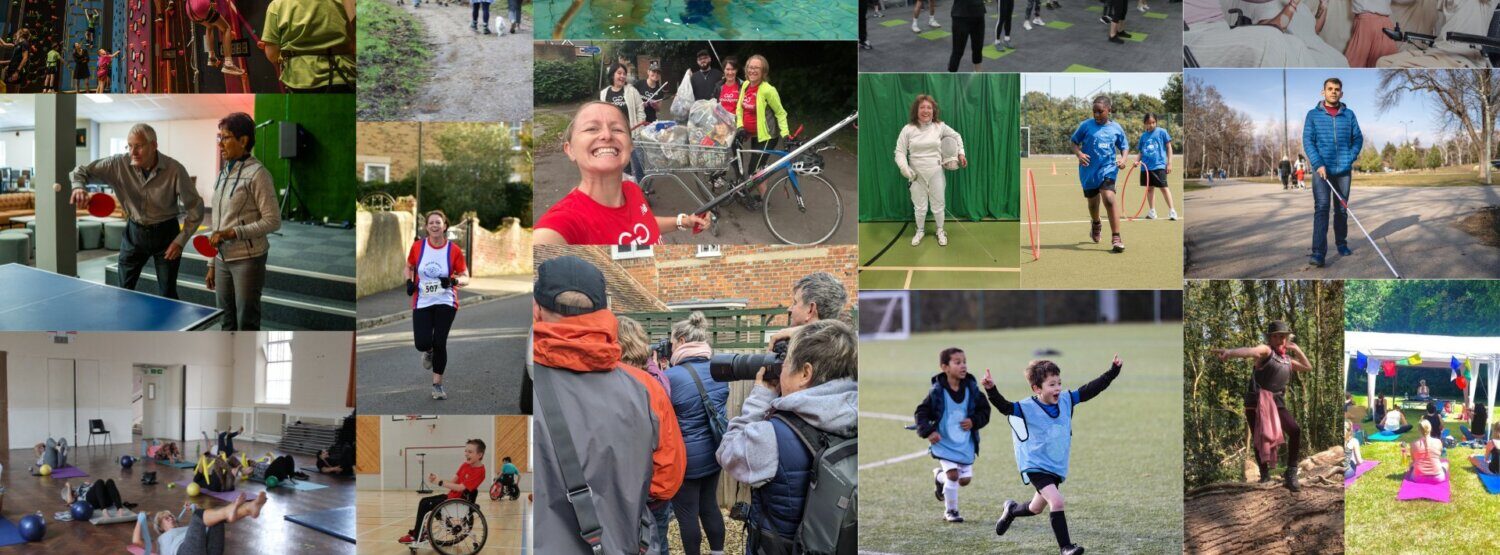 A collage of photos showing different ways to be active- Children rock climbing Two older adults playing table tennis A pilates class An outdoor walking group A woman running down the street A boy in a wheelchair in a basketball hall Two women in a swimming pool A group selfie during a litter pick A group of photographers taking photos An older adult class An older woman in fencing uniform A boy chasing a hula hoop Two boys celebrating a goal A wheelchair dance classs A man walking with a white cane A woman stood on a log An outdoor yoga class