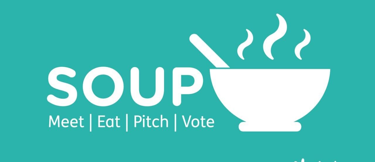 SOUP, a graphic of a steaming bowl of soup Meet, Eat, Pitch, Vote