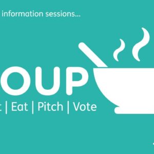 SOUP, a graphic of a steaming bowl of soup Meet, Eat, Pitch, Vote