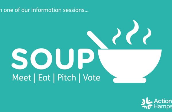 SOUP, a graphic of a steaming bowl of soup Meet, Eat, Pitch, Vote