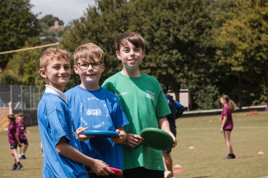 three young boys smiling at the camera. They are holding frisbees
