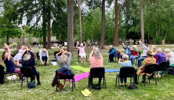 An outdoor chair-based yoga class.