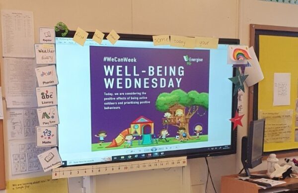 A classroom whiteboard displaying 'Wellbeing Wednesday' slide.