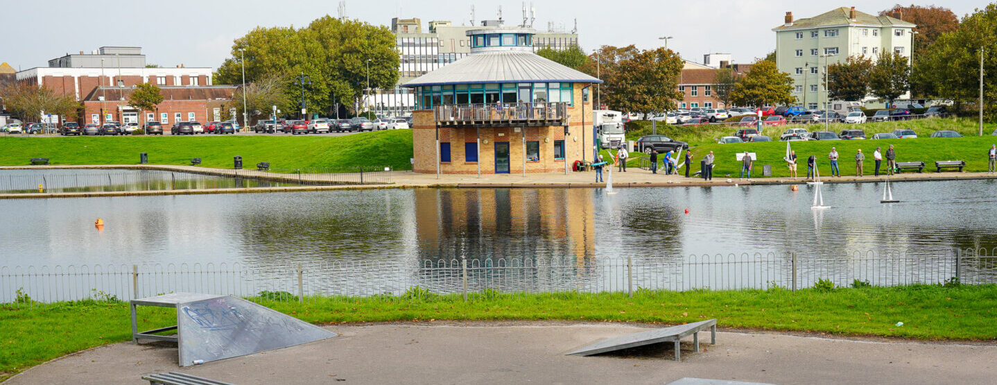 A local park in Gosport with skating ramps and a lake.